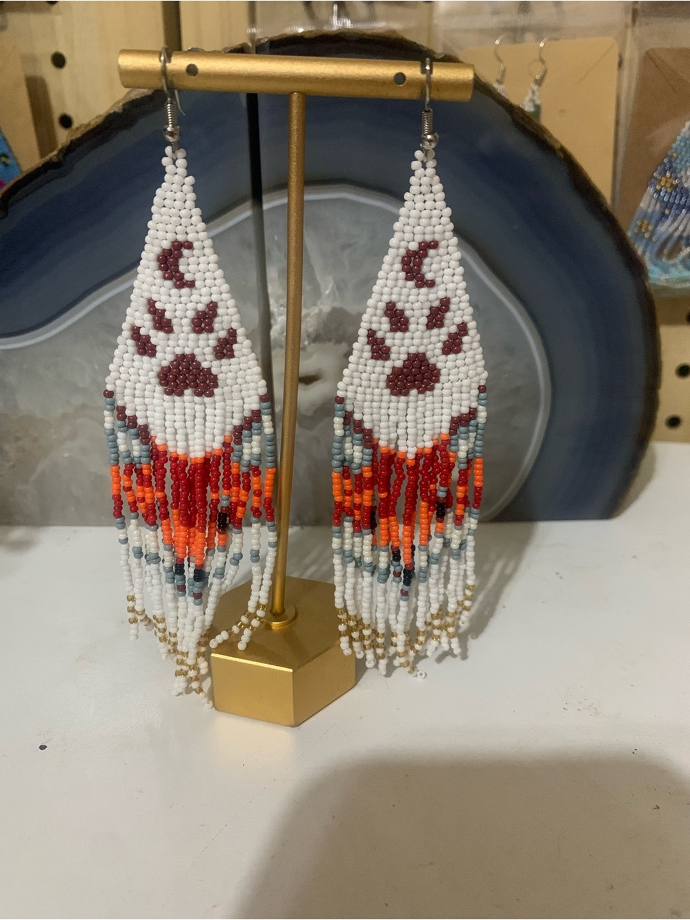 White Beaded Fringe Earrings with Orange & Red Accents